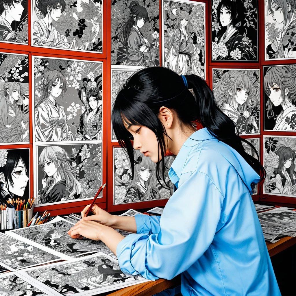 A beautifully detailed illustration of a Hentai manga artist at their desk, engrossed in drawing an elaborate scene filled with deep storytelling elements; the background showcases manga panels filled with intricate artwork and varying expressions, capturing both the sensuality and narrative depth. The image should balance subtlety and explicitness, highlighting the artistic process and dedication. painting style. vibrant colors. Japanese aesthetics.